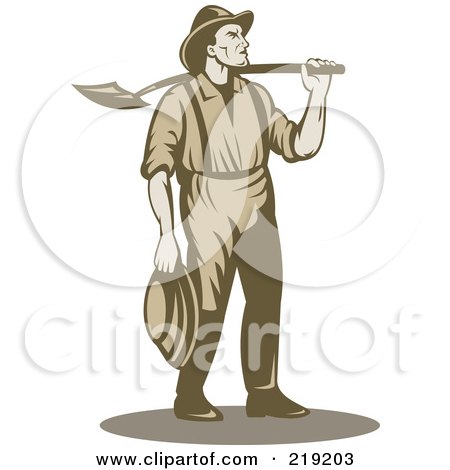 Royalty-Free (RF) Clipart Illustration of a Retro Miner Carrying A Shovel Over His Shoulder by patrimonio