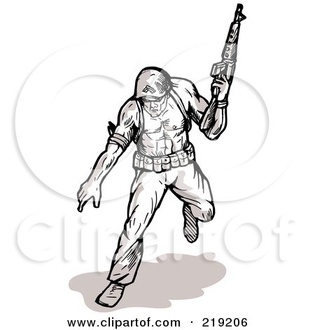Royalty-Free (RF) Clipart Illustration of a Sketched Soldier Running With A Rifle by patrimonio
