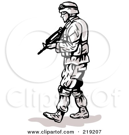 Royalty-Free (RF) Clipart Illustration of a Sketched Soldier Walking With A Wepon In Arm by patrimonio
