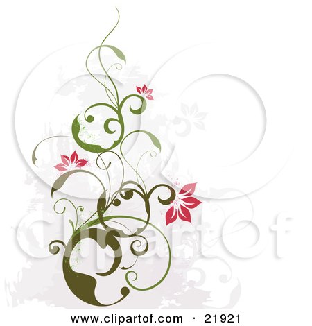 Clipart Picture Illustration of a Green Vine Plant With Scrolls And Pink Blossoms Over A Faded Gray And White Background by OnFocusMedia
