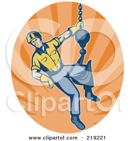 Royalty-Free (RF) Clipart Illustration of a Retro Construction Worker Logo And Hook by patrimonio