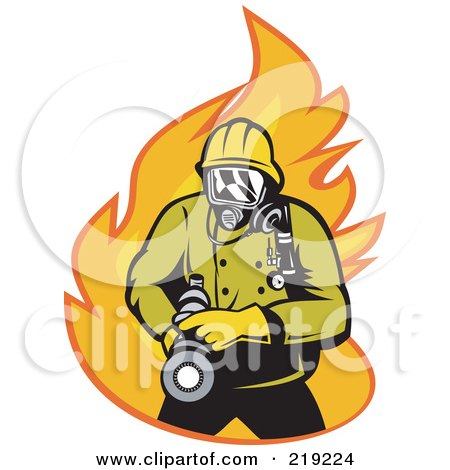 Royalty-Free (RF) Clipart Illustration of a Retro Fireman With A Hose Logo - 1 by patrimonio