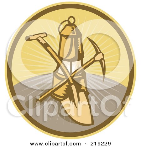 Royalty-Free (RF) Clipart Illustration of a Retro Mining Shovel, Pickaxe And Lantern Logo by patrimonio