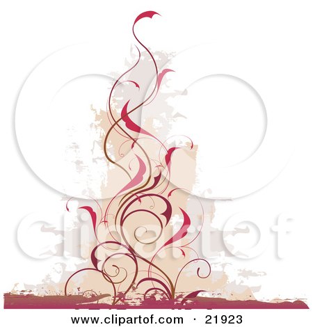 Clipart Picture Illustration of a Vertical Red-Brown Curly Vine With Red Flowers Over A Brown And Gray Grunge Background With White by OnFocusMedia