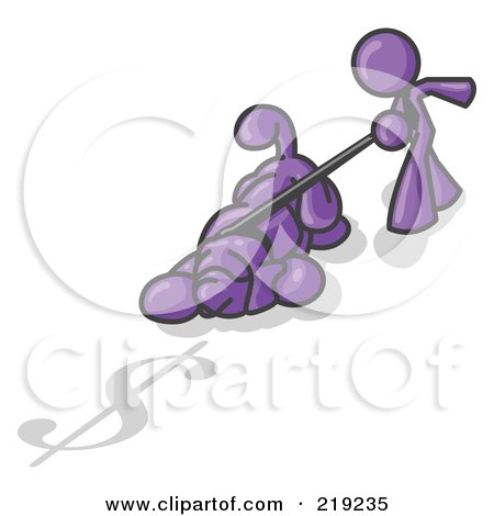 Royalty-Free (RF) Clipart Illustration of a Purple Man Walking a Dog That is Pulling on a Leash to Sniff a Shadow of a Dollar Sign on the Ground by Leo Blanchette