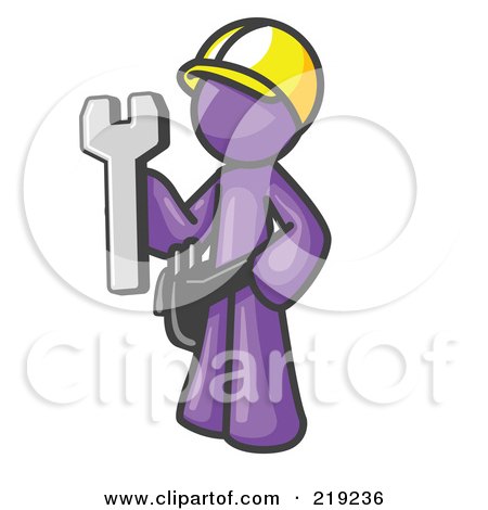 Clipart Illustration of a Proud Purple Construction Worker Man in a Hardhat, Holding a Wrench Clipart Illustration by Leo Blanchette