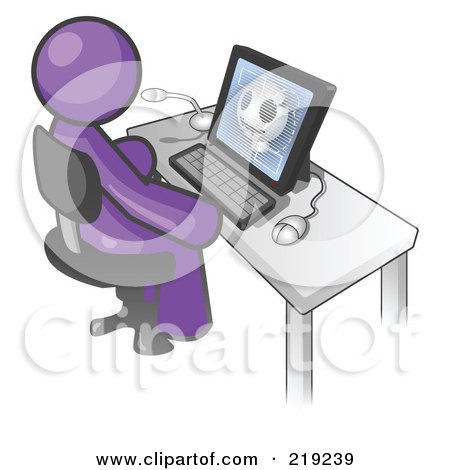 Clipart Illustration of a Purple Doctor Man Sitting at a Computer and Viewing an Xray of a Head  by Leo Blanchette