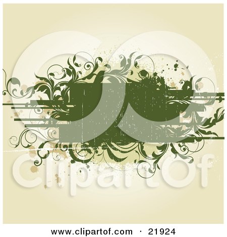 Clipart Picture Illustration of a Worn Green Text Box With Tan Splatters And Green Vines On A Beige Background by OnFocusMedia