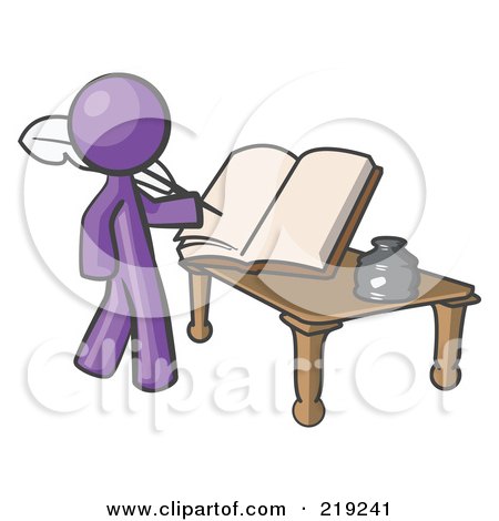 Royalty-Free (RF) Clipart Illustration of a Purple Man Author Writing History On Blank Pages Of A Book by Leo Blanchette