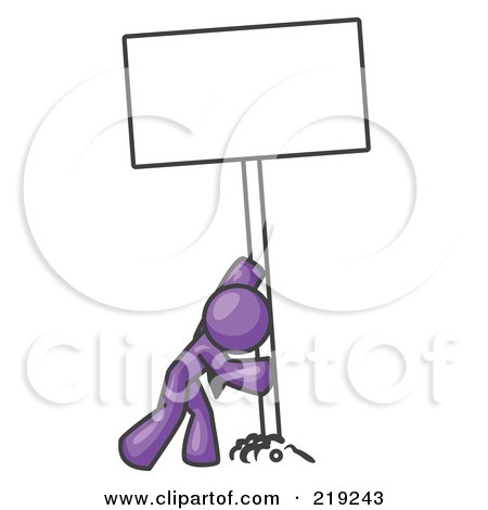 Clipart Illustration of a Strong Purple Man Pushing a Blank Sign Upright  by Leo Blanchette