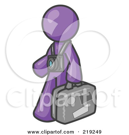 Clipart Illustration of a Purple Male Tourist Carrying His Suitcase and Walking With a Camera Around His Neck by Leo Blanchette