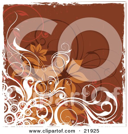 Clipart Picture Illustration of White, Orange And Brown, Circles, Vines, And Flowers Over A Brown Background by OnFocusMedia
