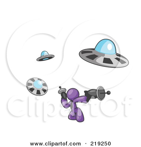 Clipart Illustration of a Purple Man Fighting Off UFO's With Weapons by Leo Blanchette