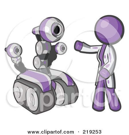 Royalty-Free (RF) Clipart Illustration of a Purple Man Inventor With A Rover Robot by Leo Blanchette