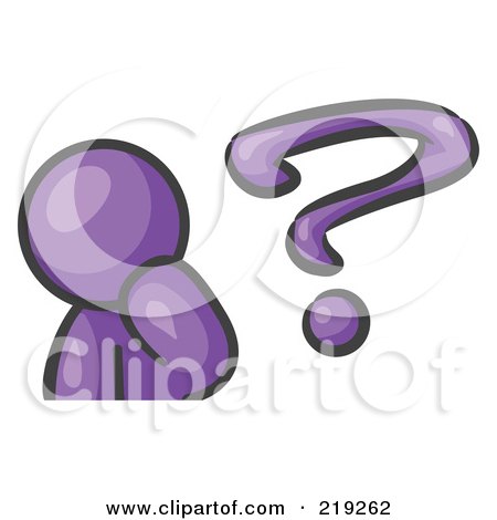 Clipart Illustration of a Purple Man Rubbing His Chin And Posed By A Question Mark, Symbolizing, Curiosity, Confusion And Uncertainty by Leo Blanchette