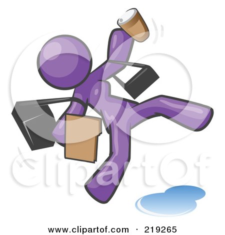 Royalty-Free (RF) Clipart Illustration of an Overwhelmed Purple Woman Slipping On A Puddle Of Water by Leo Blanchette