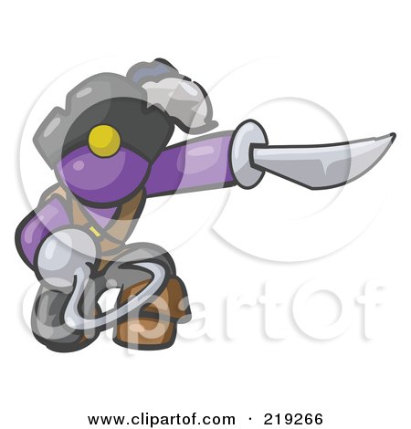 Royalty-Free (RF) Clipart Illustration of a Kneeling Purple Man Pirate With A Hook Hand And A Sword by Leo Blanchette