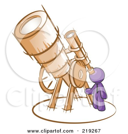 Clipart Illustration of a Purple Man Looking Through A Huge Telescope Up At The Stars In The Night Sky by Leo Blanchette