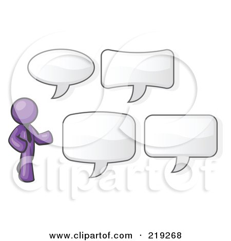 Clipart Illustration of a Purple Businessman With Four Different Word Bubbles by Leo Blanchette