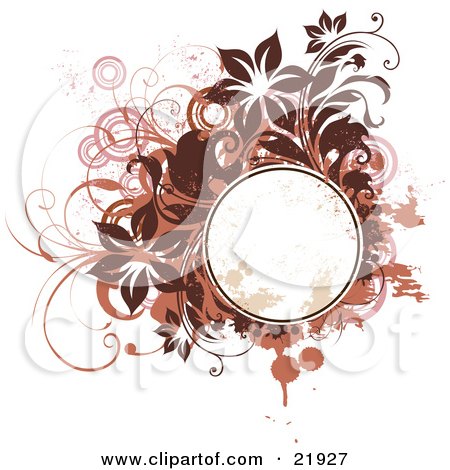 Clipart Picture Illustration of a Grunge Splattered Blank Circle Text Spce With Brown, Pink And Orange Viens, Circles, Splatters And Flowers On A White Background by OnFocusMedia