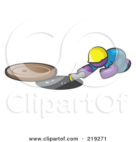 Royalty-Free (RF) Clipart Illustration of a Purple Man Design Mascot Sewer Worker Shining A Flashlight Down A Man Hole by Leo Blanchette