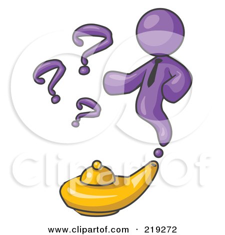 Clipart Illustration of a Purple Genie Man Emerging From a Golden Lamp With Question Marks by Leo Blanchette