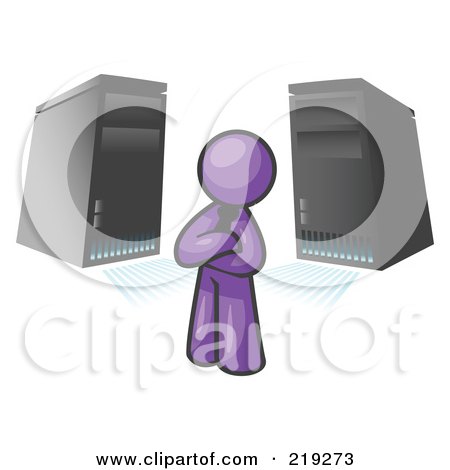 Royalty-Free (RF) Clipart Illustration of a Purple Business Man Standing in Front of Servers by Leo Blanchette