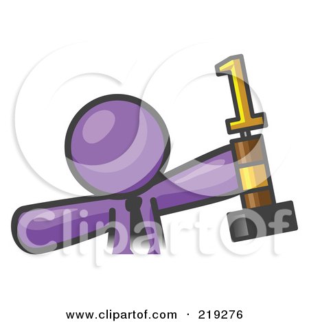 Clipart Illustration of a Proud Purple Business Man Holding Up A First Place Trophy by Leo Blanchette