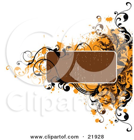 Clipart Picture Illustration of a Grungy Brown Text Box With Orange And Black Vines And Splatters On A White Background by OnFocusMedia