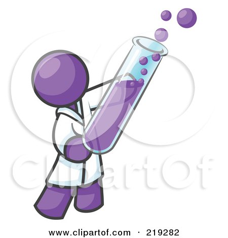 Clipart Illustration of a Purple Man Scientist Holding A Test Tube Full Of Bubbly Liquid In A Laboratory by Leo Blanchette