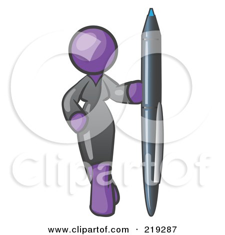 Clipart Illustration of a Purple Woman In A Gray Dress, Standing With One Hand On Her Hip, Holding A Huge Pen by Leo Blanchette