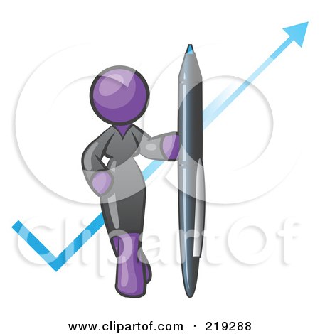 Clipart Illustration of a Purple Lady In A Gray Dress, Standing With A Giant Pen In Front Of A Blue Check Mark by Leo Blanchette