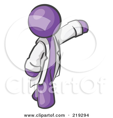 Clipart Illustration of a Purple Scientist, Veterinarian Or Doctor Man Waving And Wearing A White Lab Coat by Leo Blanchette