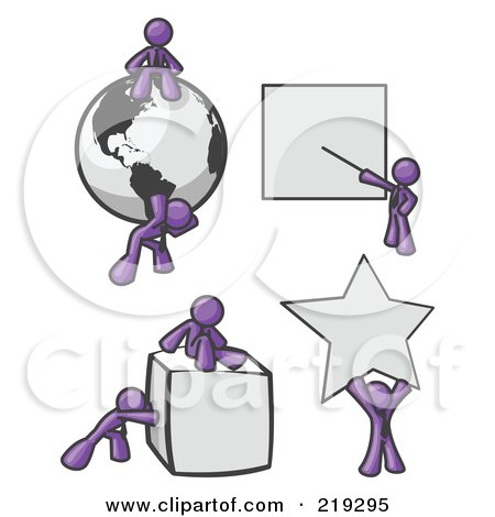 Royalty-Free (RF) Clipart Illustration of Purple Men With a Globe, Presentation Board, Cube and Star by Leo Blanchette