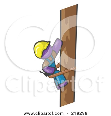 Royalty-Free (RF) Clipart Illustration of a Purple Man Design Masccot Worker Climbing A Phone Pole by Leo Blanchette