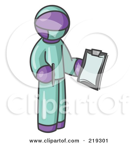 Clipart Illustration of a Purple Surgeon Man in Green Scrubs, Holding a Pen and Clipboard by Leo Blanchette