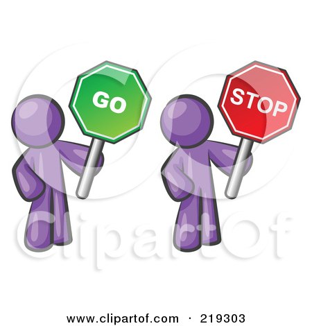 Clipart Illustration of Purple Men Holding Red And Green Stop And Go Signs by Leo Blanchette