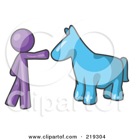 Royalty-Free (RF) Clipart Illustration of a Purple Man Petting A Blue Horse by Leo Blanchette