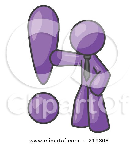 Clipart Illustration of a Purple Businessman Standing by a Large Exclamation Point by Leo Blanchette