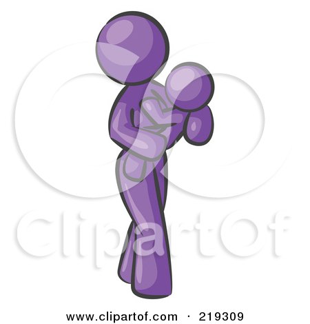 Clipart Illustration of a Purple Woman Carrying Her Child In Her Arms, Symbolizing Motherhood And Parenting by Leo Blanchette
