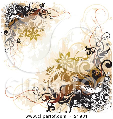 Clipart Picture Illustration of Corners Of White, Black And Brown Vines And Flowers Over A White Background by OnFocusMedia