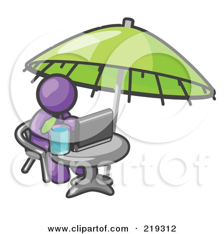 Clipart Illustration of a Traveling Purple Business Man Sitting Under an Umbrella at a Table Using a Laptop Computer  by Leo Blanchette