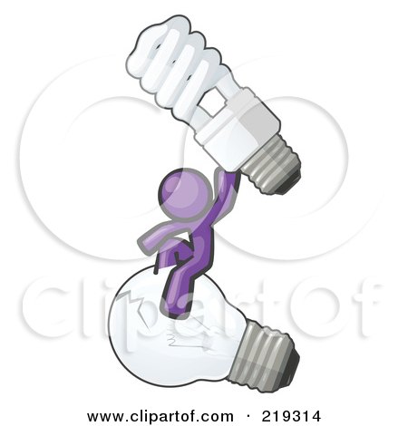 Royalty-Free (RF) Clipart Illustration of a Purple Man Design Mascot Sitting On An Old Light Bulb And Holding Up A New, Energy Efficient Bulb by Leo Blanchette