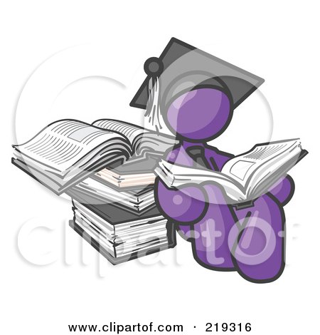 Clipart Illustration of a Purple Male Student in a Graduation Cap, Reading a Book and Leaning Against a Stack of Books by Leo Blanchette