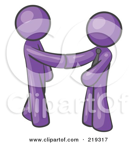 Clipart Illustration of a Purple Man Wearing A Tie, Shaking Hands With Another Upon Agreement Of A Business Deal by Leo Blanchette