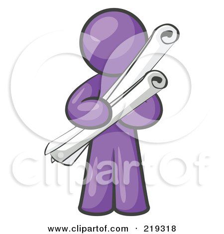 Clipart Illustration of a Purple Man Architect Carrying Rolled Blue Prints And Plans by Leo Blanchette
