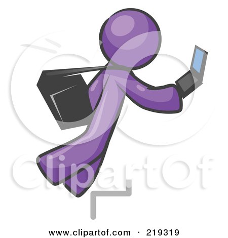 Royalty-Free (RF) Clipart Illustration of a Distracted Purple Man Tripping On Steps While Texting On A Cell Phone by Leo Blanchette