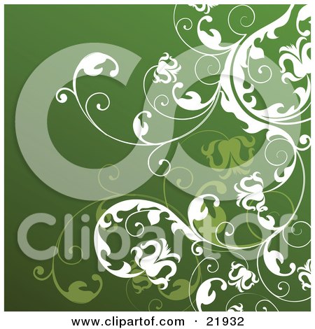 Clipart Picture Illustration of Green And White Flowers On Leafy Scrolling Vines Over A Dark Green Gradient Background by OnFocusMedia