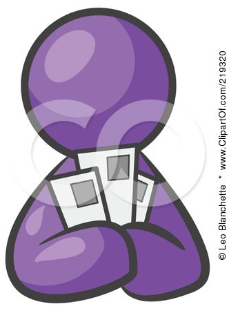 Clipart Illustration of a Purple Man Holding Three Coupons Or Envelopes, Symbolizing Communications Or Savings by Leo Blanchette