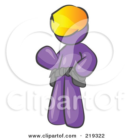 Clipart Illustration of a Friendly Purple Construction Worker Or Handyman Wearing A Hardhat And Tool Belt And Waving by Leo Blanchette